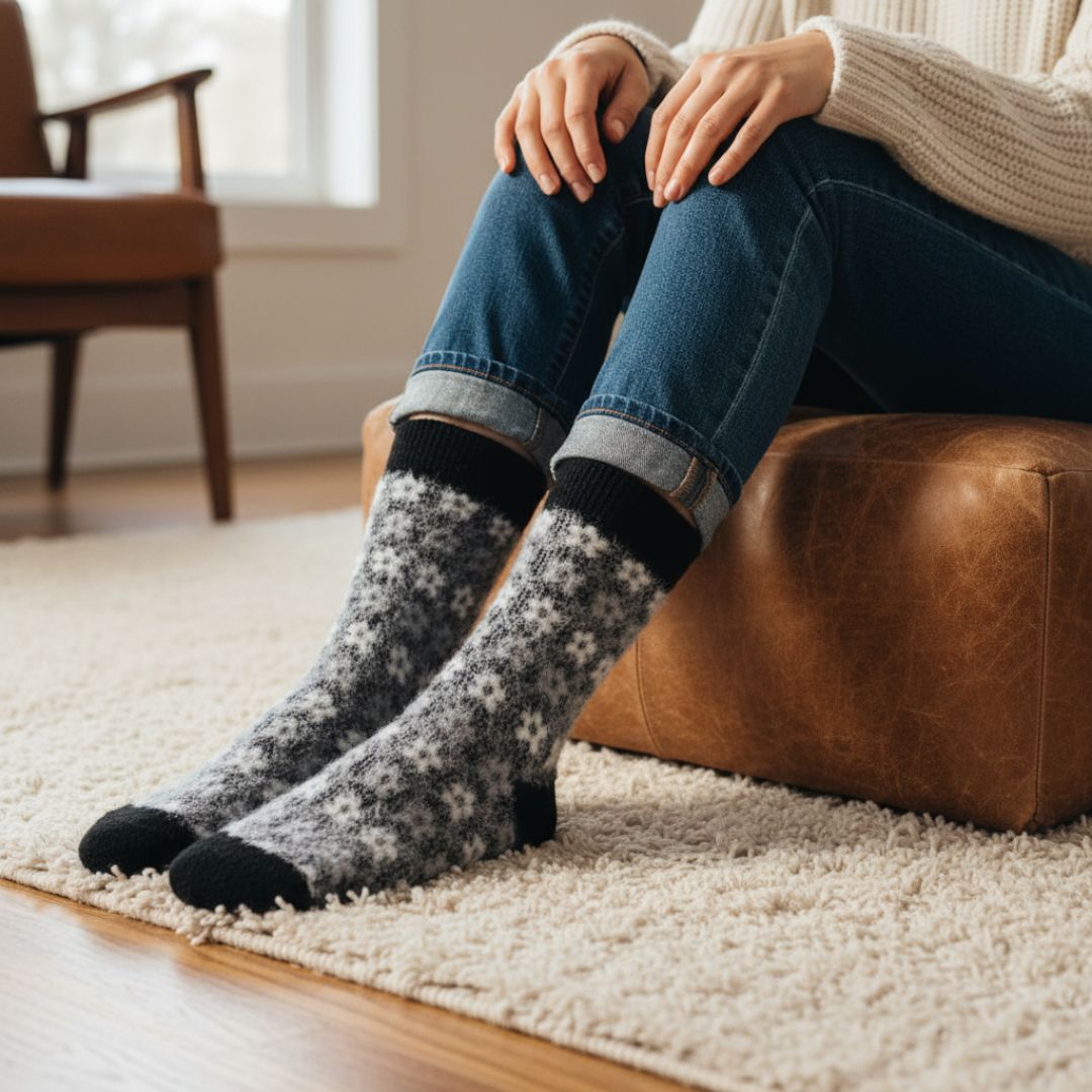 Black & Grey Floral Woolen Thermal Socks | Ultra Soft Fleece-Lined Winter Warm Socks - Image 3