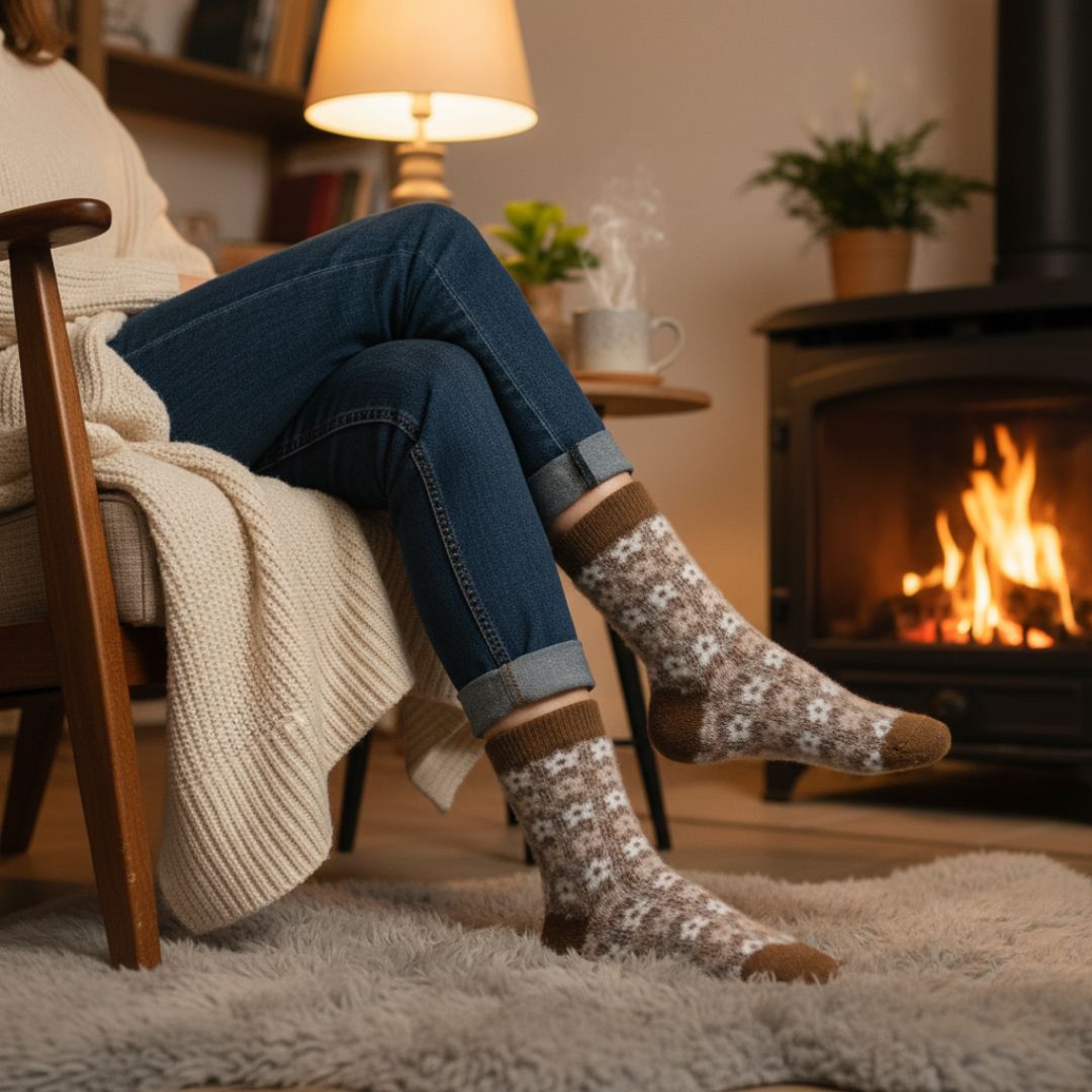 Brown Floral Woolen Winter Socks | Ultra Soft Fleece-Lined Thermal Warm Socks - Image 4
