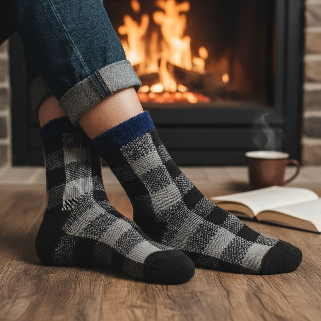 Grey & Black Checked Woolen Socks | Soft Fleece-Lined Warm Winter Socks