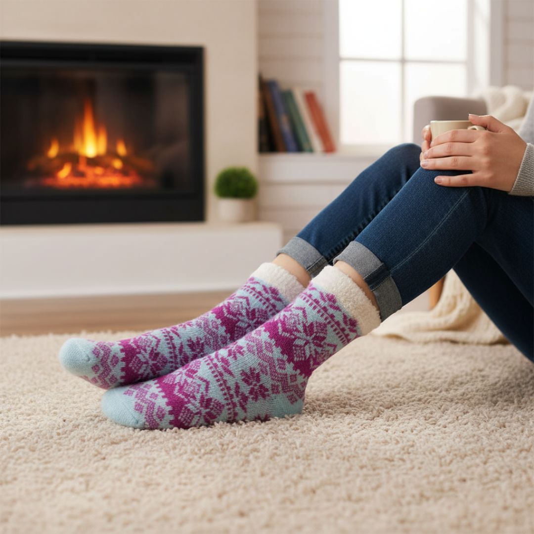 Light Blue & Magenta Woolen Thermal Socks | Soft Fleece-Lined Warm Winter Socks