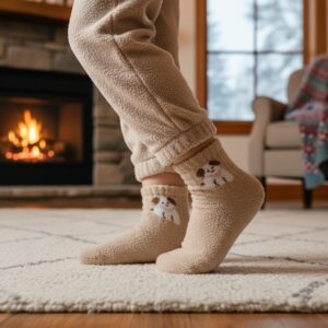 Warm Beige Kids Winter Woolen Terry Socks with Puppy Design