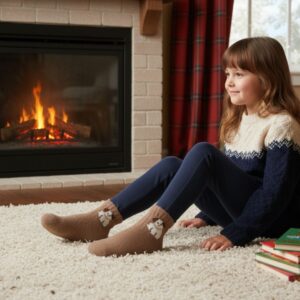 Warm Cocoa Brown Kids Winter Woolen Terry Socks with Puppy Design