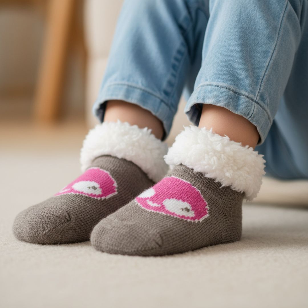 Grey & Pink Cartoon Woolen Kids Winter Socks (3–4 Years) with Fur Cuff