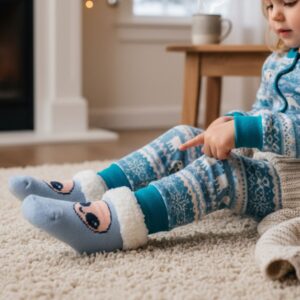 Blue Kids Winter Socks with Cute Face Design & Soft Fur Cuff (3–4 Years)