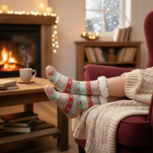 Mint Green, Peach & Red Women Winter Home Socks with White Fur Cuff – Cozy Warm Indoor Socks