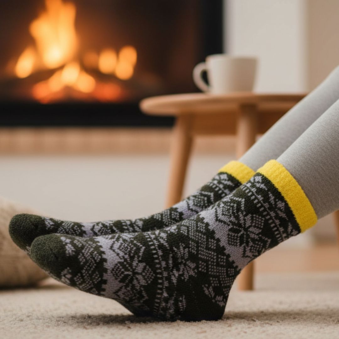 Dark Green Winter Socks with Grey Pattern & Yellow Cuff – Warm Cozy Knitted Socks for Women