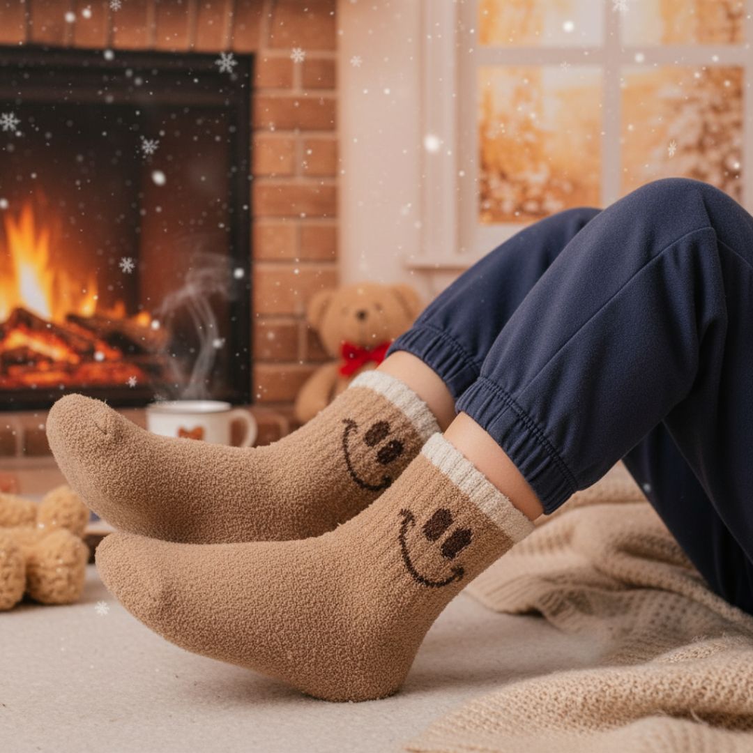 Brown Kids Winter Terry Socks with Smiley Design | Warm & Soft Woolen Socks