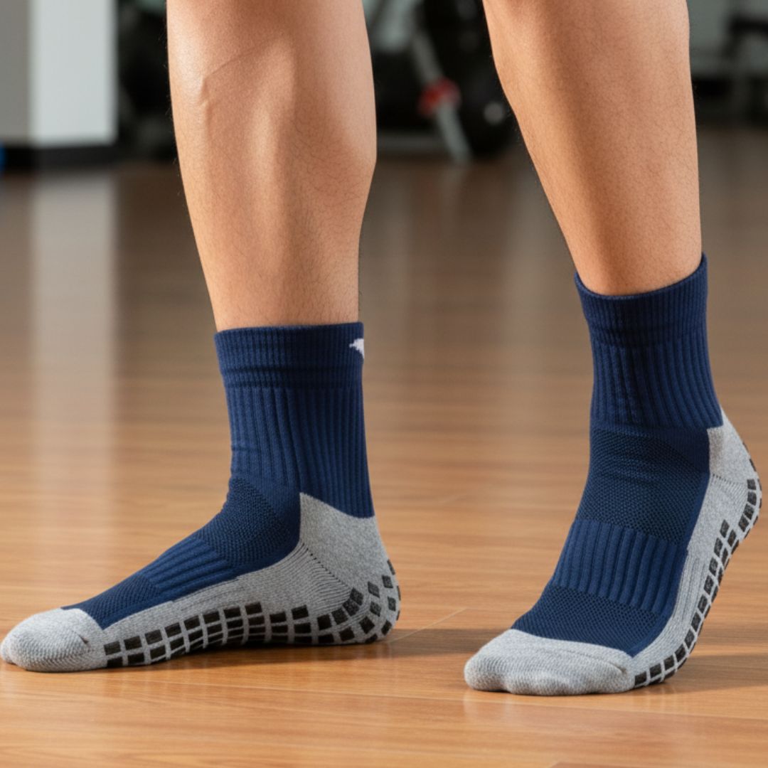 Navy Blue & Grey Men Anti-Slip Sports Socks with Grip Sole – Non-Skid Training Socks