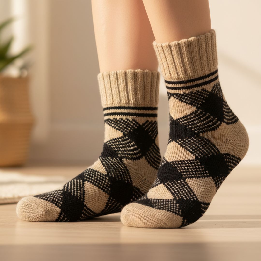 Beige & Black Checkered Woolen Winter Socks | Soft Knit Warm Socks