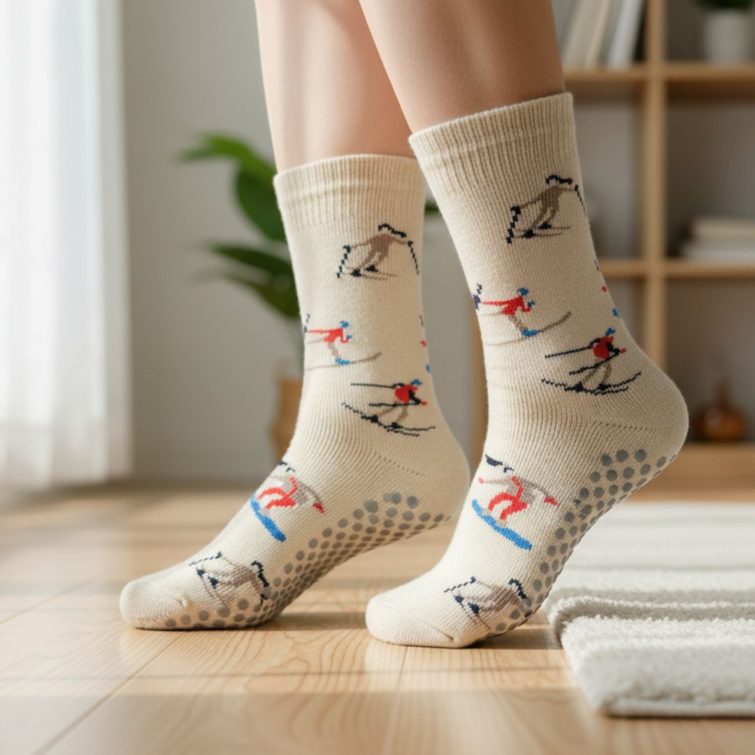 Beige Anti-Slip Crew Socks with Skater Print | Soft Cotton Grip Socks for Home & Yoga