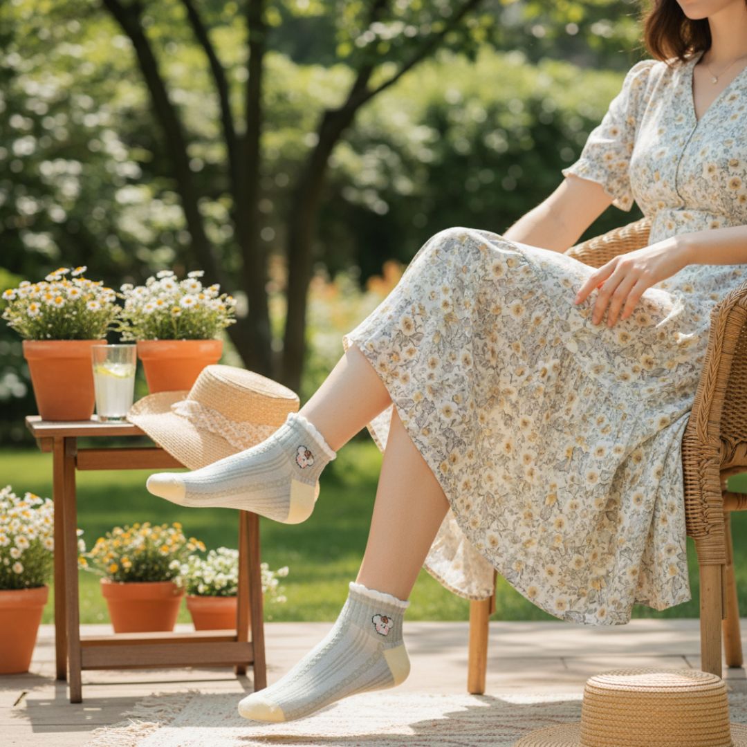 Women Cotton Ankle Length Socks with Ribbed Texture, Soft Cuff Design, Breathable and Lightweight