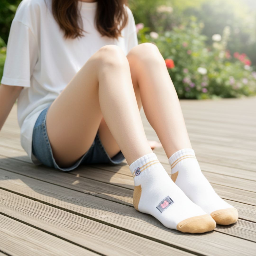 Women Cotton Ankle Length Socks with Cute Patch Detail, Soft Breathable Fabric