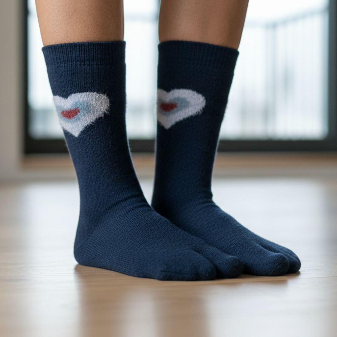 Navy Blue Woolen Thumb-Toe Socks with Heart Motif | Crew Length