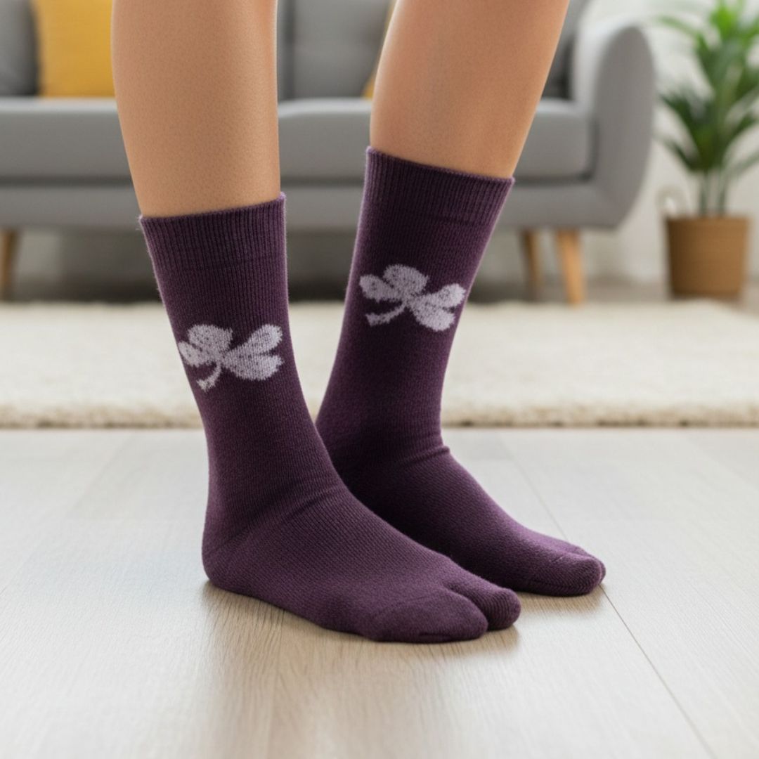Plum Purple Woolen Thumb-Toe Socks with White Butterfly Motif | Crew Length
