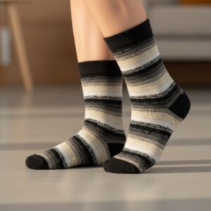 Striped Woolen Anti-Slip Socks in Black & Grey | Crew Length Grip Socks
