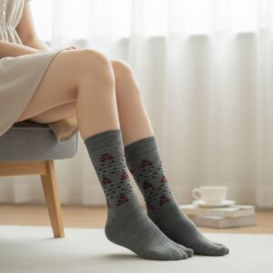 Grey Woolen Thumb-Toe Socks with Maroon Leaf Motif | Crew Length Soft Knit