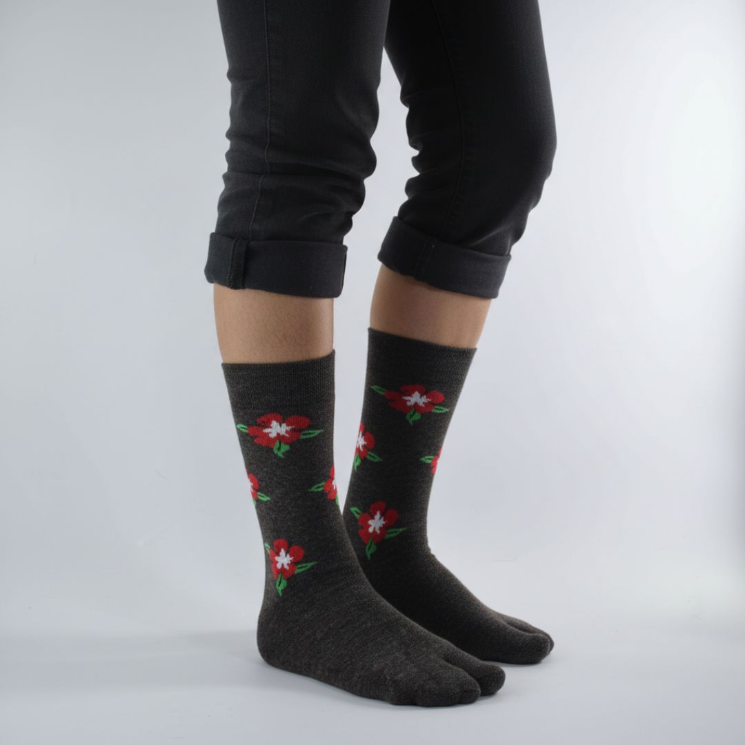 Charcoal Grey Woolen Thumb-Toe Socks with Red Floral Print | Crew Length