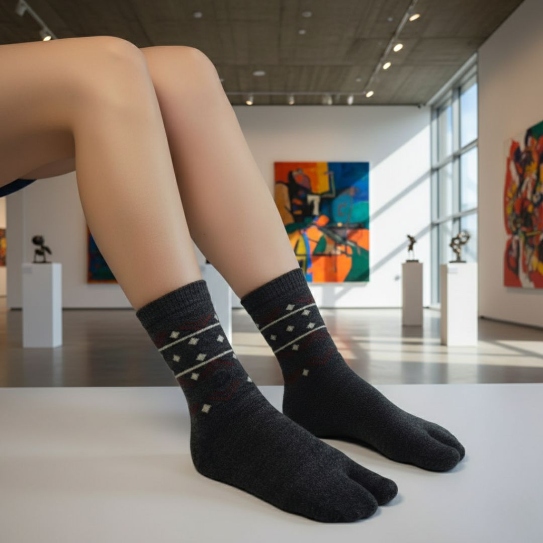 Charcoal Grey Woolen Thumb-Toe Socks with Geometric Stripe Motif | Crew Length