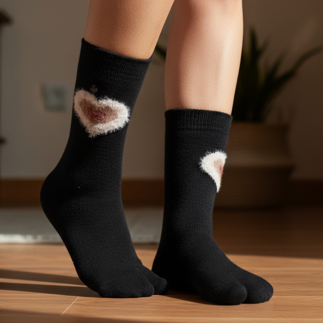 Black Woolen Thumb Socks with Furry Heart Patch | Warm Crew-Length Socks