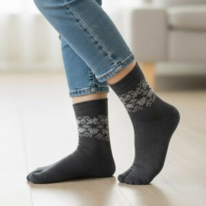Charcoal Grey Woolen Thumb-Toe Socks with Nordic Pattern | Crew Length Soft Knit Socks