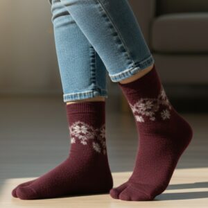 Maroon Woolen Thumb-Toe Socks with Snowflake Pattern | Crew Length Soft Knit Socks