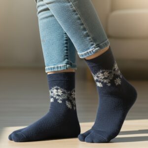 Navy Blue Woolen Thumb-Toe Socks with Snowflake Pattern | Crew Length Soft Knit Socks