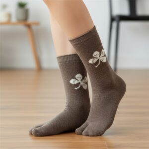 Coffee Brown Woolen Thumb-Toe Socks with Floral Motif | Crew Length