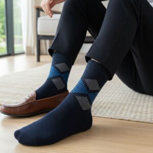 Navy Blue Woolen Winter Socks with Geometric Pattern | Crew Length