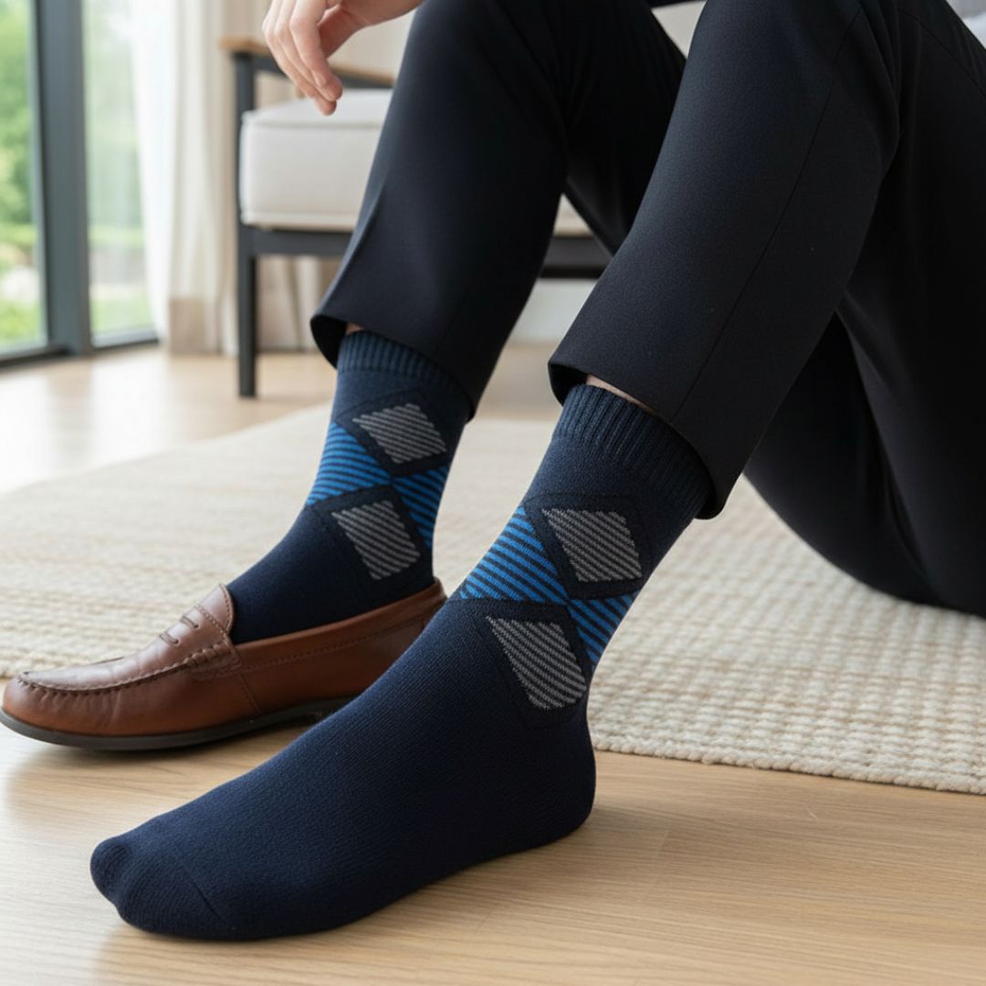 Navy Blue Woolen Winter Socks with Geometric Pattern | Crew Length
