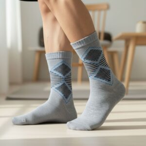 Grey Woolen Winter Socks with Geometric Pattern | Crew Length