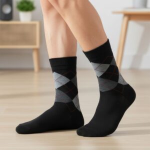 Black Woolen Winter Socks with Grey Argyle Pattern | Crew Length