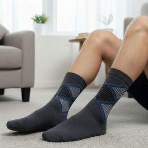 Dark Grey Woolen Winter Socks with Blue Geometric Pattern