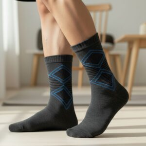 Charcoal Grey Woolen Winter Socks with Subtle Blue Diamond Pattern