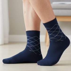 Navy Blue Cotton Ankle-Length Socks with Minimal Line Pattern