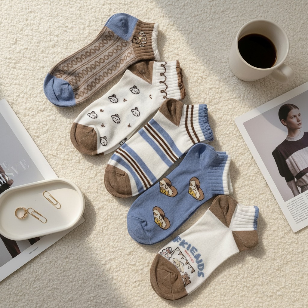 Women Ankle Socks (Pack of 5) Cotton Fabric with Breathable Comfort Fit