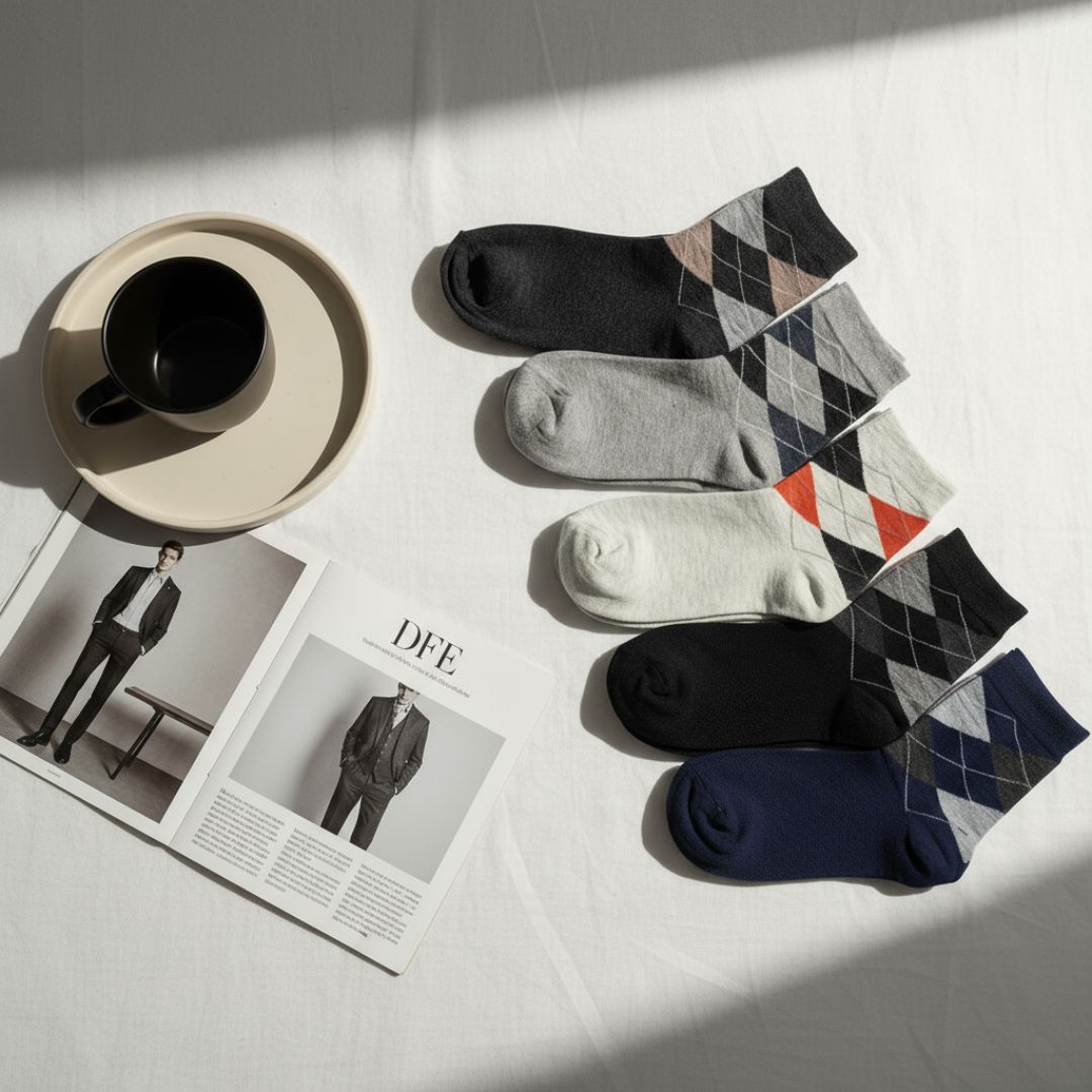 Men Cotton Ankle Socks (Pack of 5) Argyle Design Soft Breathable Comfortable Everyday Wear